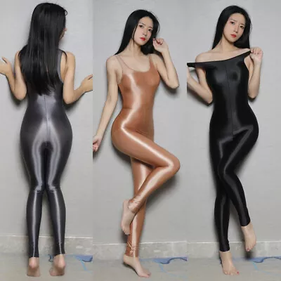 Sexy Oil Shiny Glossy Jumpsuit Women Opaque Wetlook Sukumizu Zip Crotch Bodysuit • £14.99