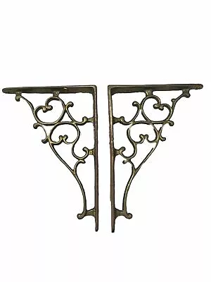 Brass Wall Shelf Ornate Brackets Heavy Art Deco Antique Salvage Corbels Set Of 2 • $29.98