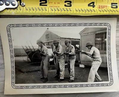 Vintage Photo Snapshot 1940s Military Men Shirtless Hair With Helmets And Guns  • $13.99