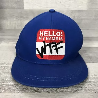 DIVIDED H&M Cap Adults Fitted Embroidered Hello My Name Is WTF Blue Medium 58cm • £11.95