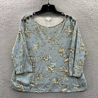 J Jill Blouse Womens Petite Large Top Floral 3/4 Sleeve Blue • $12.95