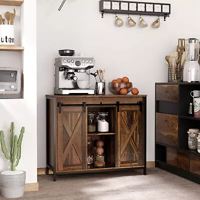 Industrial Kitchen Sideboard Buffet Cabinet W/ Sliding Barn Doors Rustic Brown • $145.20