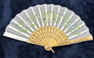 Vintage Embroidered With Laced Flowers Hand Fan • $19.99
