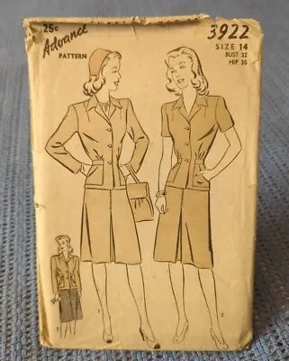 Vintage ADVANCE Unprinted SEWING PATTERN 1940's #3922 ~ MID-LENGTH DRESS • $16.50