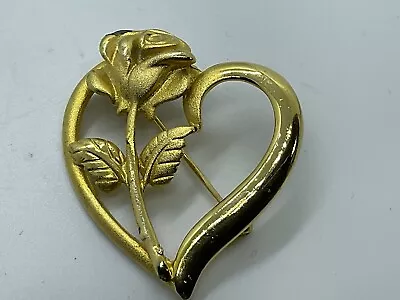 Rose Textured On Heart Brooch Gold Tone 1.5 “ Pin Memory Pin • $6.89