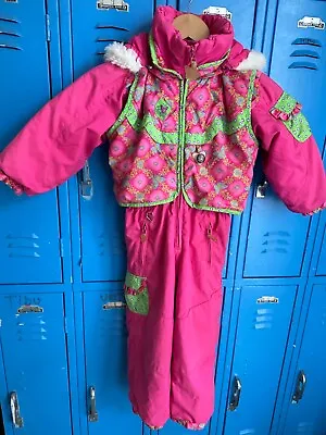 Vintage 2001 Obermeyer Pink Girls 4 Hooded Ski Suit-Loads Of Fun Details! • $70