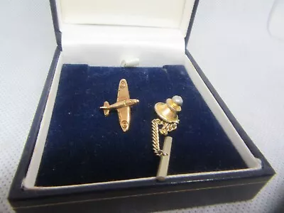 RAF Spitfire/ Hurricane Tie Lapel Pin With Chain In Gold Tone Metal  Vintage . • £24.95