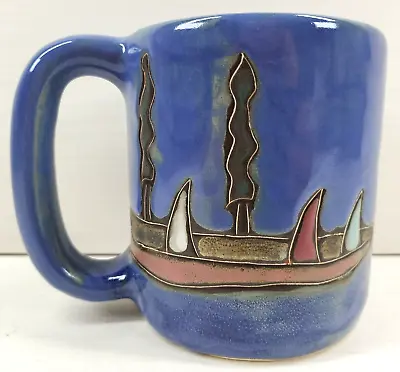 Mara Design Saliboats Mug Mexico Pottery Blue Handle Nautical Scenery Coffee Cup • $29.97