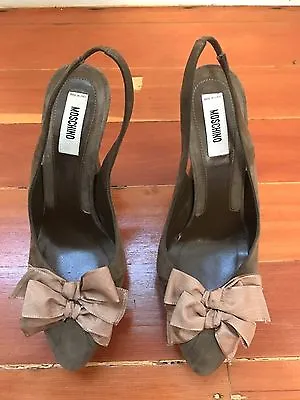 Moschino Green Suede Bow Platform Heels Shoes Pumps Sz 37.5 ITALY $525 • $71.99