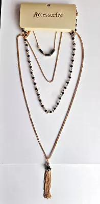 Accessorize Rose Gold Tone 4 Layered Aqua & Black Crystal Tassel Necklace~sw20 • £8.99