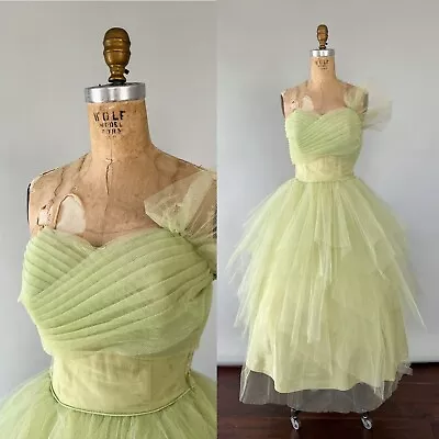 Vintage 1950s Pale Green Tulle Strapless Prom Dress Cupcake Net Ruffle XS 26” • $148