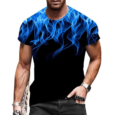 T Shirt Men Fashion Graphic Short Sleeve Black Blue Flame Smoke Streetwear Silky • $18.86