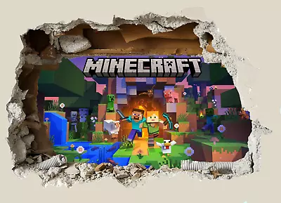 3D Smashed Wall Mural Minecraft Wall Sticker Room Gaming Wall Art Kids Bedroom • £19.99