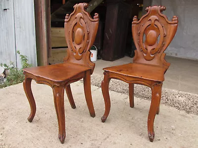 Pair Victorian Carved Golden Oak Shield Back Side/hall Chairs Cabriole Legs (527 • £495