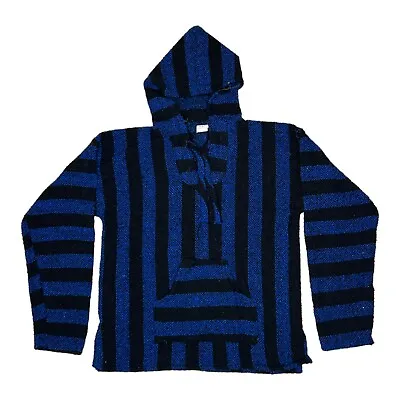 Vintage Blue Drug Rug Pancho Mexican Blanket Hoodie Sweatshirt Surfer Size M • $10