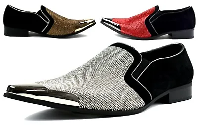 Mens Diamante With Metal Shoes Formal - Red Slip On Wedding Party UK Sizes 6-12 • £49.99