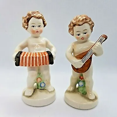 VTG Germany Cherubs Accordion Mandolin Musicians Porcelain Figurines Set Of 2 • £48.18