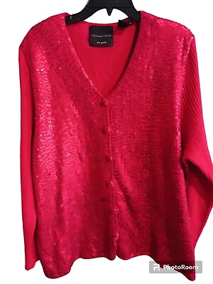 Michael Simon New York Christmas Holiday Red Cardigan Sweater Sequins Sz 3X • $42