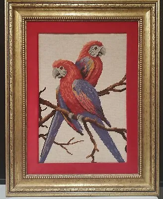 Stunning VINTAGE COMPLETED NEEDLEPOINT Gold Wood Frame RED Parrots 21  X 27  • $106.87