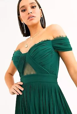 $45 • Buy ASOS Tall Lace And Pleat Bardot Forest Green Midi Dress (12 AU)