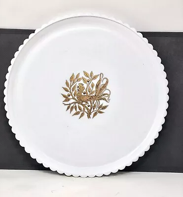 Vintage Large Milk Glass Round Plate Tray Gold Rooster Scalloped Rim 13.5” • $16.88