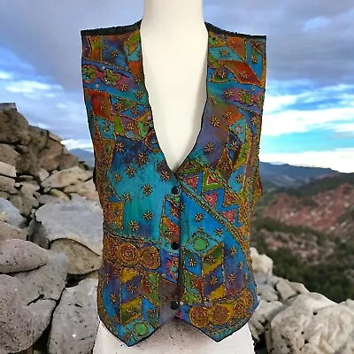 Vintage 90s Heavily Beaded Vest Womens M Bohemian Hippie Ethnic Colorful Tribal • $37.49