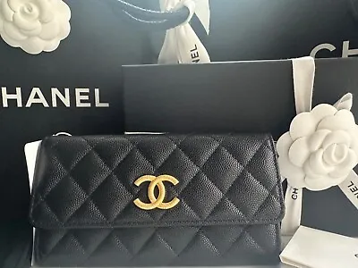 New CHANEL 23B Classic Flap Medium Wallet Black Caviar Leather Gold BIG CC Bag • $3010.89