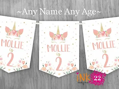 Personalised Unicorn Birthday Party Banner Bunting Flags Rose & Gold 1st 2nd 3rd • £4.99