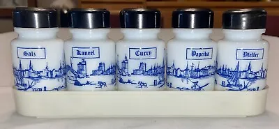 Vtg (5) Blue White DELFT PATTERN SPICE BOTTLES German Dutch French ZOUT SALZ SEL • $22.74