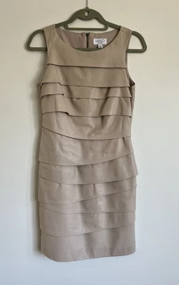 $44 • Buy VAKKO Size 4 Womens Beige Sleeveless Leather Sheath Dress Knee Length EUC