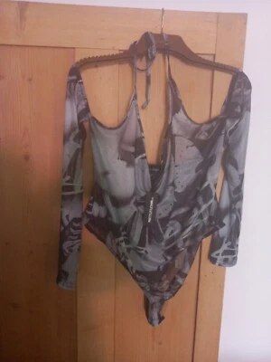 £8 • Buy Size 22 Pretty Little Thing Plus Halterneck Longsleeve Mesh Bodysuit New + Tag