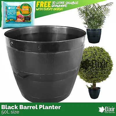 50L Large Round Black Plastic Barrel Planter | Garden Plant Pot Patio Outdoor • £15.39