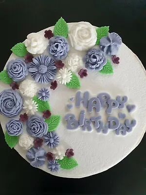 Edible Sugar Paste Fondant Flowers & Happy Birthday Plaque White & Lilac Mixture • £12