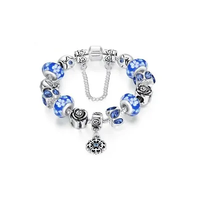 18K White Gold Plated Blue Flower Crystal CZ Charm Bracelet Made With Swarovski • $9.99