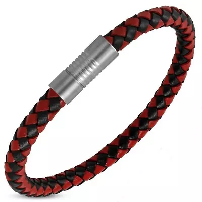 Braided Leather Bracelet Magnetic Barrel Clasp Surgical Steel Red Black • $9.99