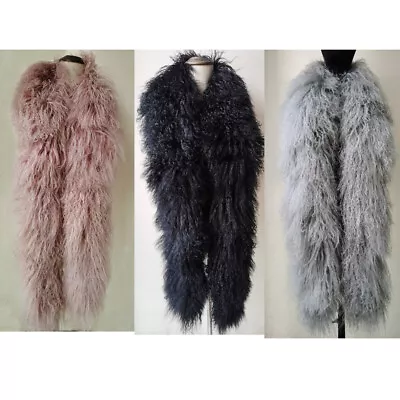 Real Mongolian Lamb Fur Scarf Shawl Wraps Long Double Sides Fur Pink Black Grey • $53.54