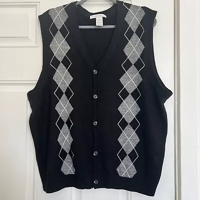 GEOFFREY BEENE Argyle Sweater Vest MENS XL Knit Black Vneck Button Front Preppy • $22