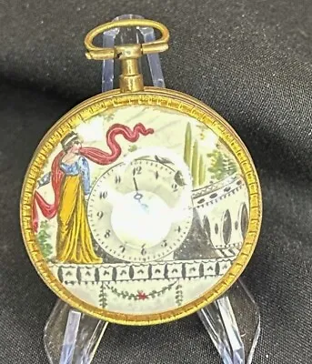 1800 Pocket Watch Painted Face Gilt Silver - Runs! • $985