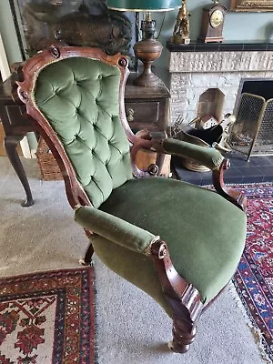 £120 • Buy Antique Victorian Comfortable Buttonback Large  Armchair Green 