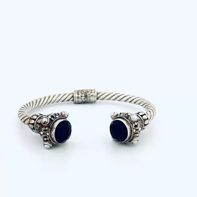 Vintage Sterling Silver & 14k Gold Byzantine Cuff Bracelet Black Onyx & Pearls • $110