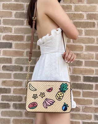 $129.99 • Buy Michael Kors Island Escape Large East West Crossbody Bag Straw Neutral Pineapple