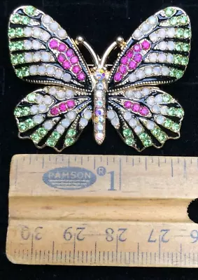 Vintage Butterfly Insect Brooch Pin Pink Beige Green Crystal Glass Rhinestone • $14.99