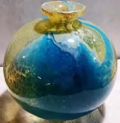 Michael Harris Mdina Turquoise Gold Art Glass Globe Vase Signed Malta 1968-1970 • $580