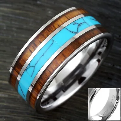 Engraved 10mm Tungsten Men's Turquoise And Double Koa Wood Wedding Band • $18.99