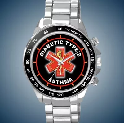 Diabetic Type 2 Asthma Medical Alert ID Red Star Of Life Cross Man Watch • $48.98