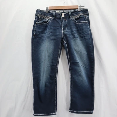 $14 • Buy Hydraulic Lola Womens Size 11/12 Blue Jeans Bling Carpi Crop Mid Rise Dark Wash