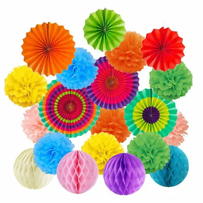 New 19Pcs Tissue Paper Fan Flower Pom Pom Honeycomb Ball Set Wedding Party Decor • £10.99