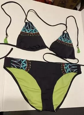 NANETTE LEPORE Sz M BOHO Embroidered Beaded Tassel 2 Piece Bikini Swim Set~Black • £26.01