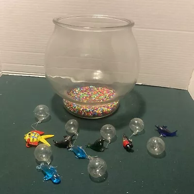 Vintage Fish Bowl Clear Glass  Aquarium Terrarium& 7-hand Blown Glass Fish Decor • $22.50