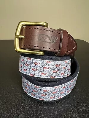 Vineyard Vines Stars And Stripes Club Belt American Whales USA Leather Brass 34 • $19.99